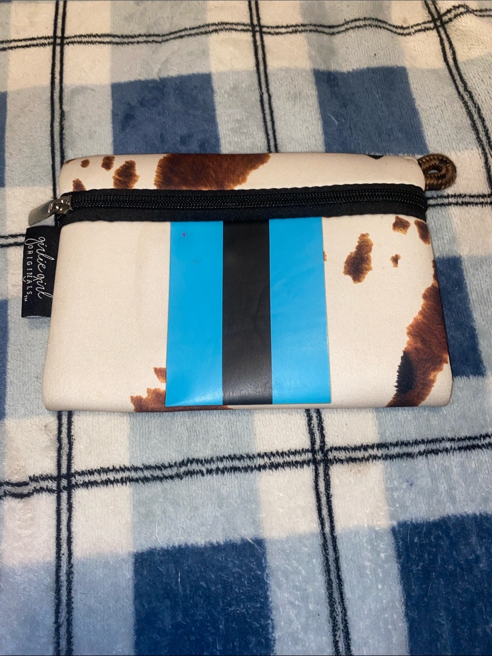 Girlie Girl Cowhide-Print Cosmetic Pouch in White with Blue & Black Stripes